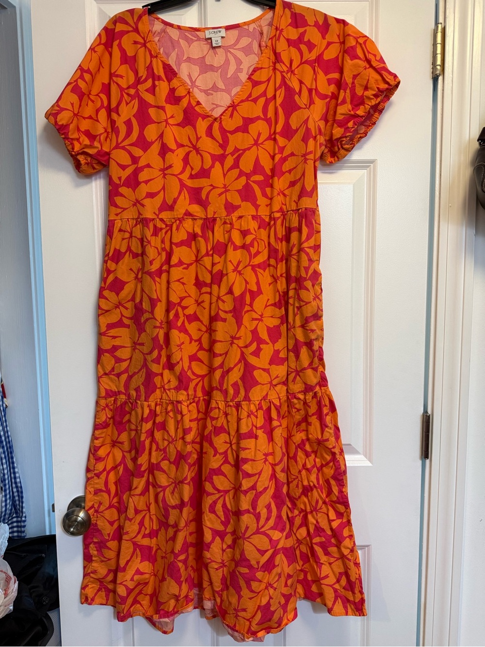 J. Crew Pink and Orange Floral Tiered V‑Neck Maxi Dress